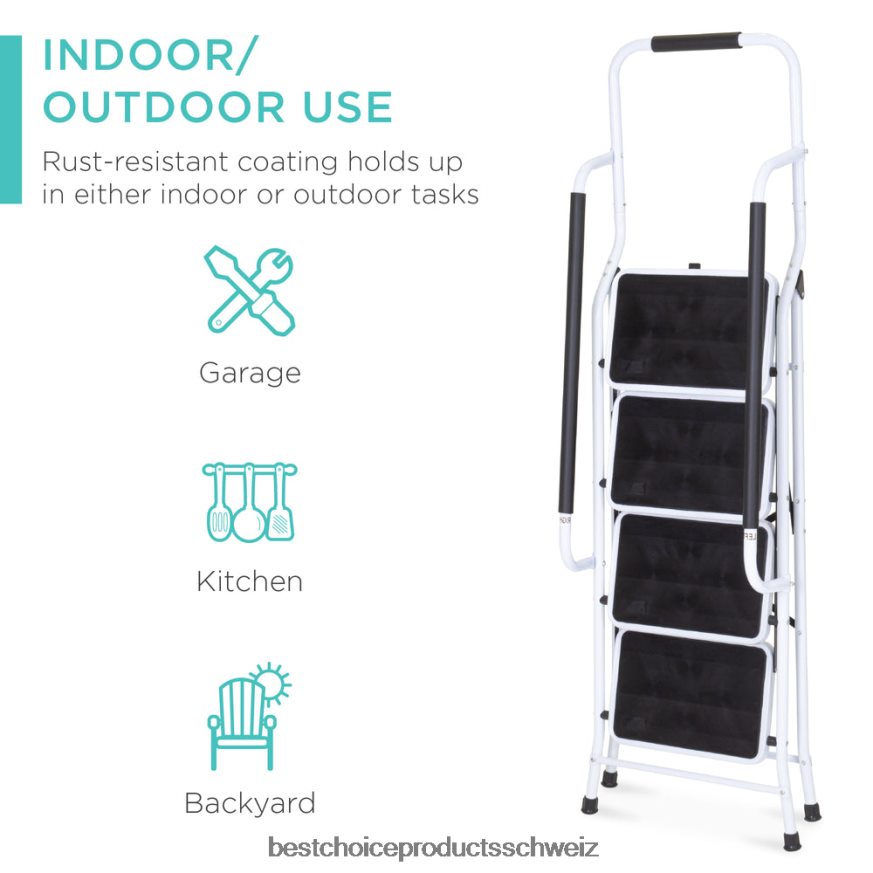 Best Choice Products 4-stufige tragbare Klappleiter mit Handläufen und ansteckbarer Werkzeugtasche Weiß 2JD022357