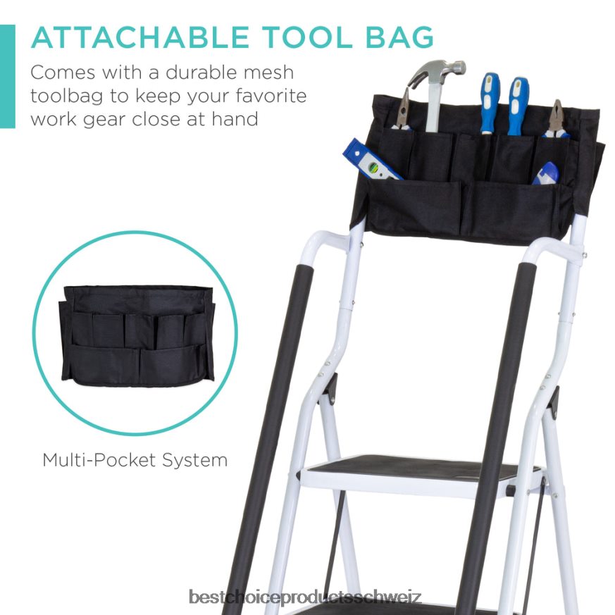 Best Choice Products 4-stufige tragbare Klappleiter mit Handläufen und ansteckbarer Werkzeugtasche Weiß 2JD022357