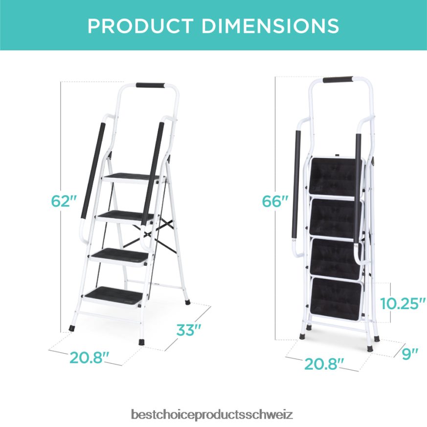 Best Choice Products 4-stufige tragbare Klappleiter mit Handläufen und ansteckbarer Werkzeugtasche Weiß 2JD022357