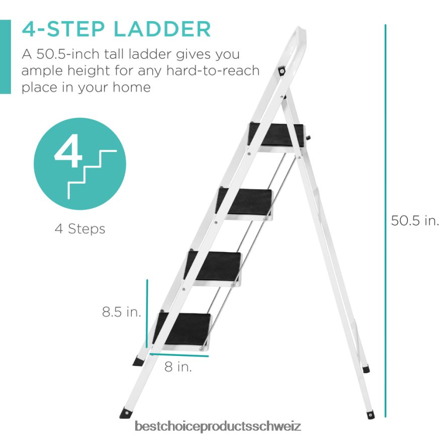 Best Choice Products Klappbare 4-Stufen-Stahlleiter mit Handlauf, breite Stufen, 330 Pfund Tragkraft Weiß 2JD0221182