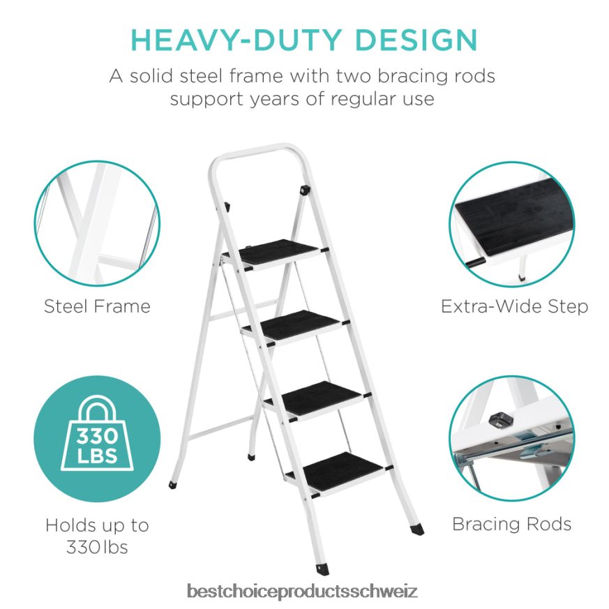 Best Choice Products Klappbare 4-Stufen-Stahlleiter mit Handlauf, breite Stufen, 330 Pfund Tragkraft Weiß 2JD0221182