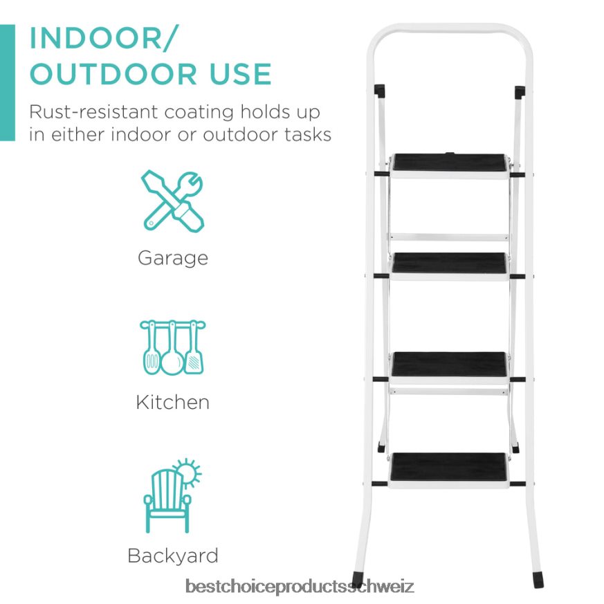 Best Choice Products Klappbare 4-Stufen-Stahlleiter mit Handlauf, breite Stufen, 330 Pfund Tragkraft Weiß 2JD0221182