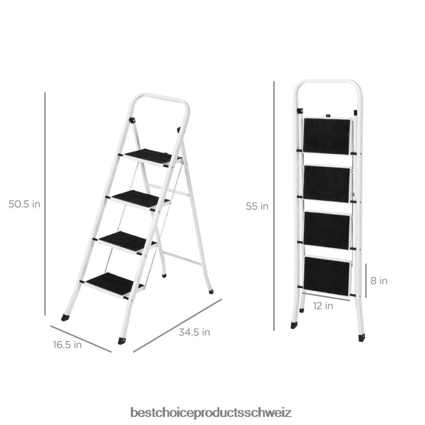 Best Choice Products Klappbare 4-Stufen-Stahlleiter mit Handlauf, breite Stufen, 330 Pfund Tragkraft Weiß 2JD0221182