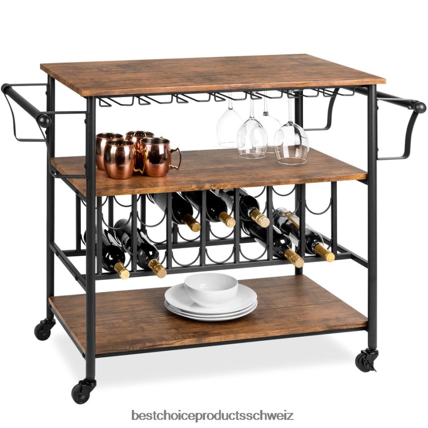 Best Choice Products 45-Zoll-Industrieholzregal für Bar und Weinwagen mit Flaschen- und Glasregalen braun 2JD0221178