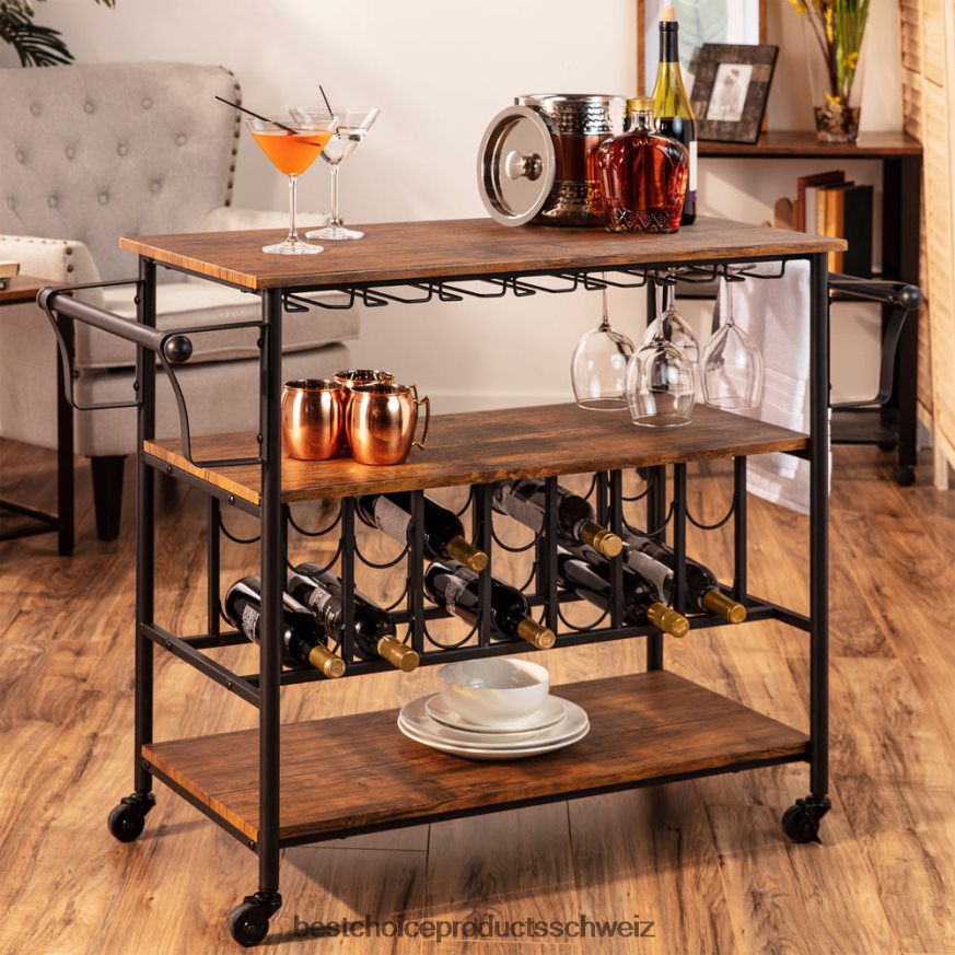 Best Choice Products 45-Zoll-Industrieholzregal für Bar und Weinwagen mit Flaschen- und Glasregalen braun 2JD0221178