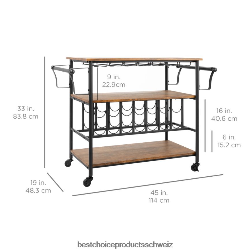 Best Choice Products 45-Zoll-Industrieholzregal für Bar und Weinwagen mit Flaschen- und Glasregalen braun 2JD0221178