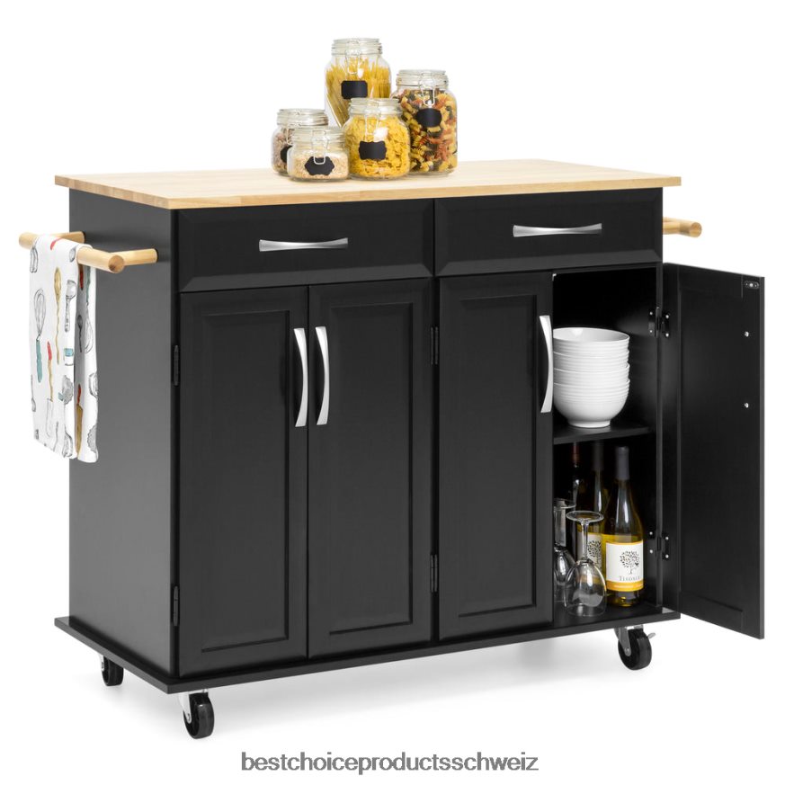 Best Choice Products Allzweck-Küchenwagen mit Aufbewahrungsschränken, Griffen und Schneidebrett Schwarz 2JD0221269