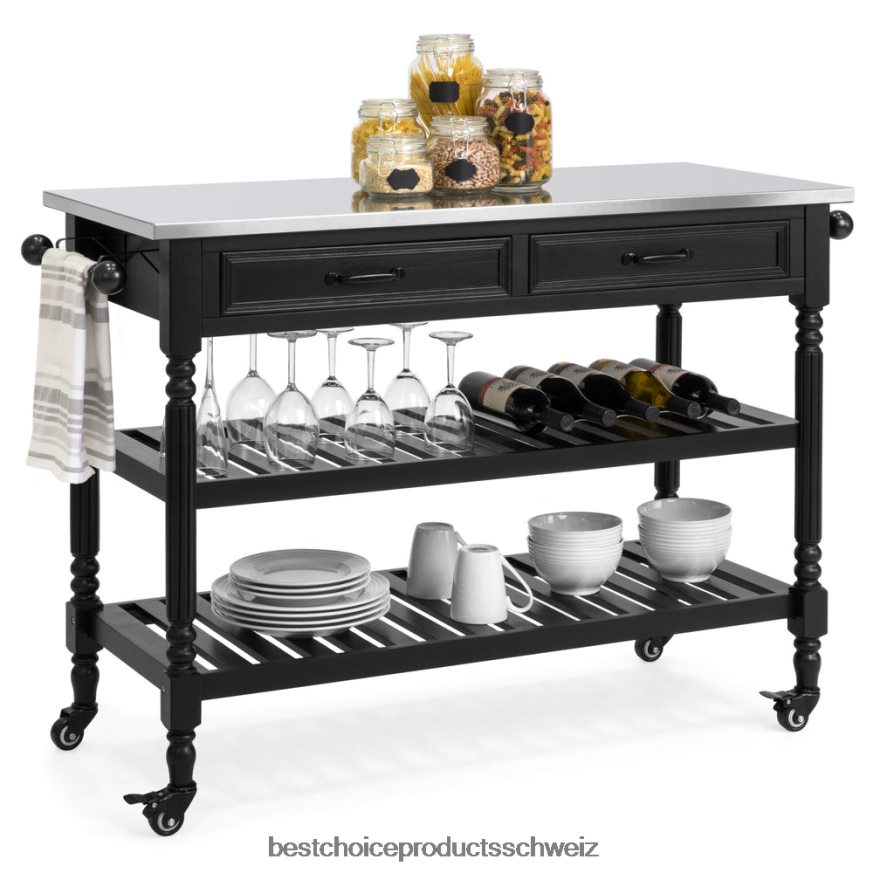 Best Choice Products Kücheninsel-Aufbewahrungs- und Barwagen mit Edelstahlplatte Schwarz 2JD022366