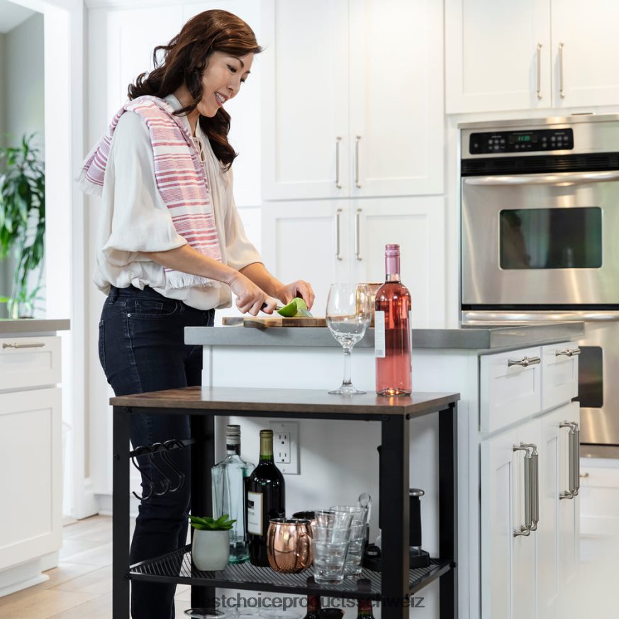 Best Choice Products Rollbarer Servierwagen mit 3 Ebenen für die Mikrowelle, 2 Regale und 4 Haken braun 2JD0221163