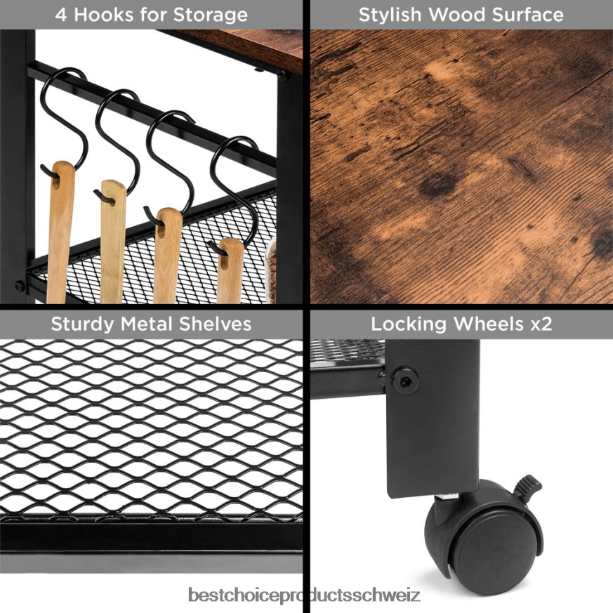 Best Choice Products Rollbarer Servierwagen mit 3 Ebenen für die Mikrowelle, 2 Regale und 4 Haken braun 2JD0221163