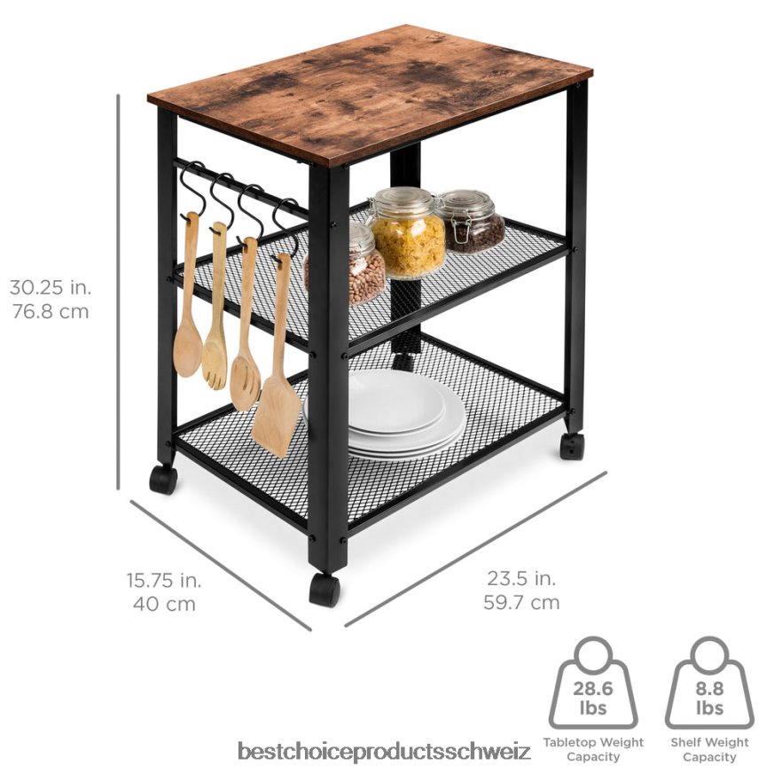 Best Choice Products Rollbarer Servierwagen mit 3 Ebenen für die Mikrowelle, 2 Regale und 4 Haken braun 2JD0221163