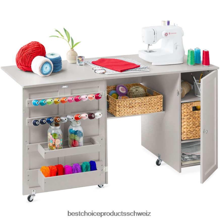 Best Choice Products Großer tragbarer, zusammenklappbarer Nähtisch, Mehrzweck-Bastelstation mit Rädern grau 2JD0221146