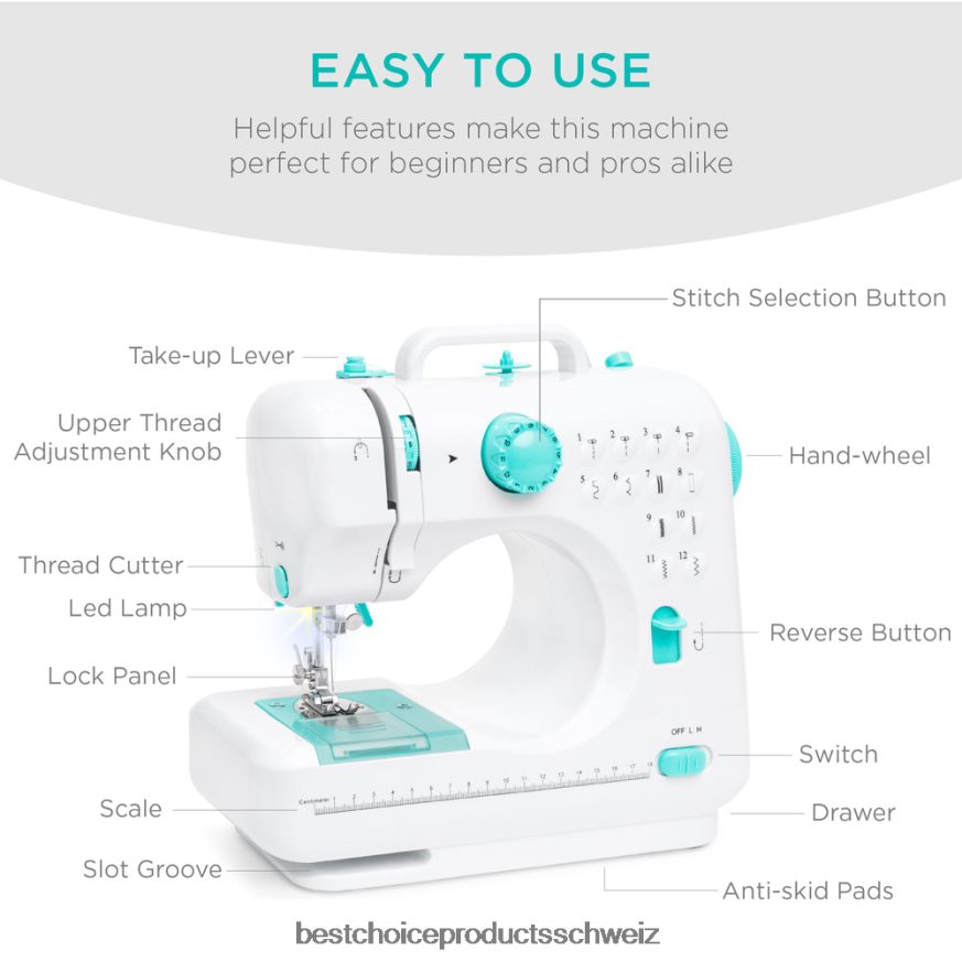 Best Choice Products Tragbare 6-V-Fußpedal-Nähmaschine mit 12 Stichmustern blaugrün 2JD0221090