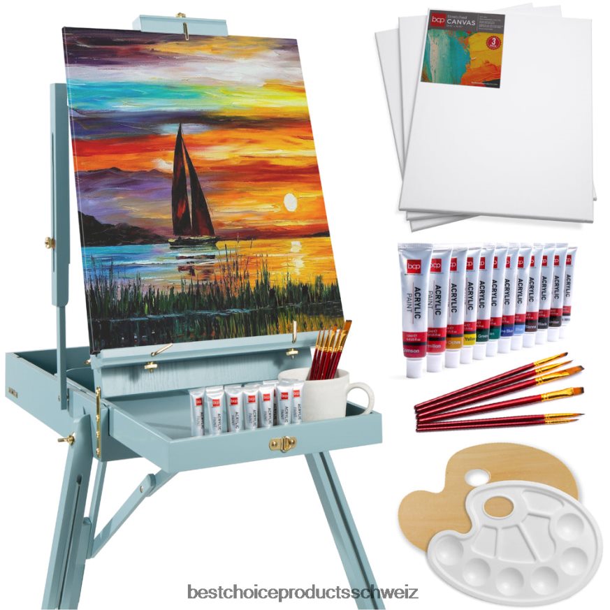 Best Choice Products Tragbare französische Staffelei aus Holz mit 32-teiligem Einsteigerset Blau 2JD0221035