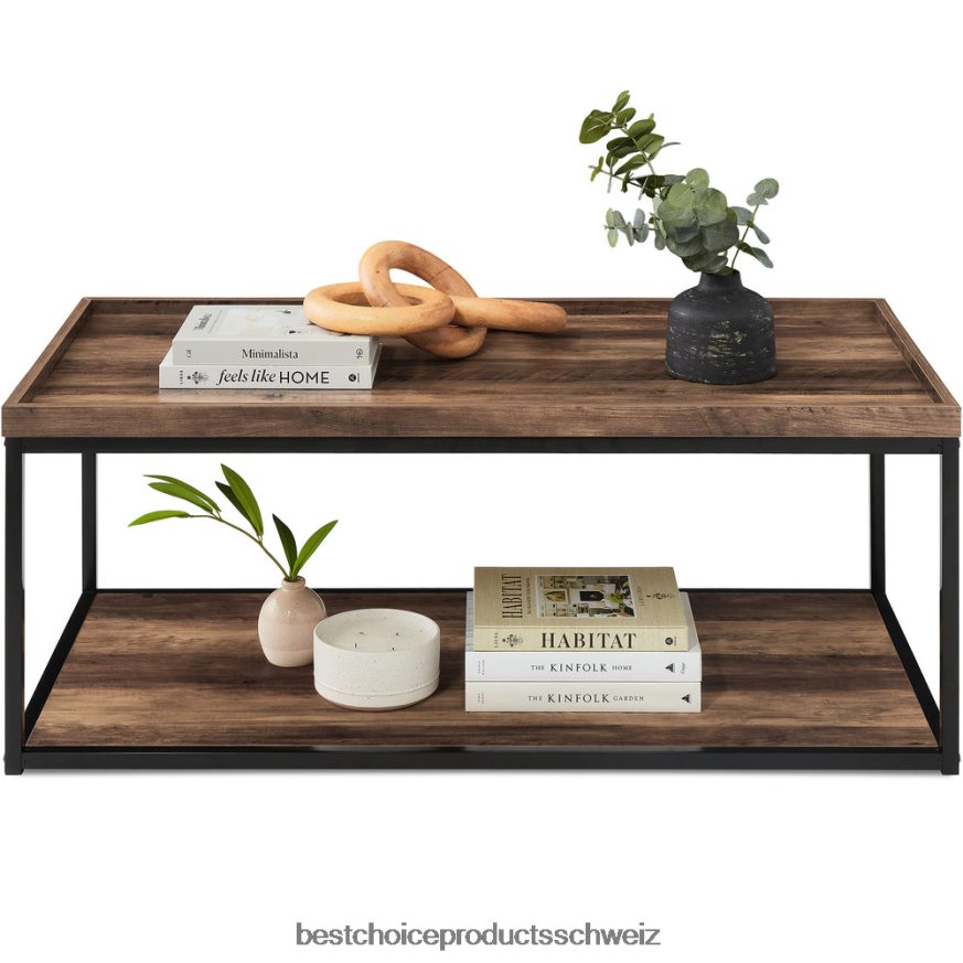 Best Choice Products 2-stufiger rechteckiger Couchtisch mit Tablettplatte, Metallrahmen und Regal braun 2JD022731