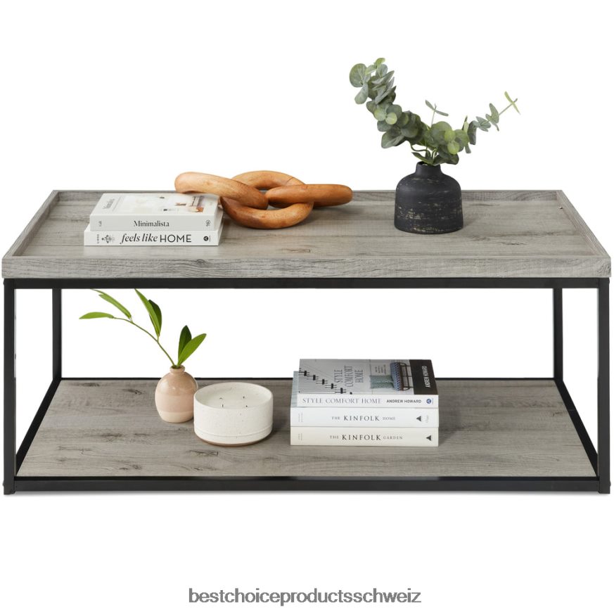 Best Choice Products 2-stufiger rechteckiger Couchtisch mit Tablettplatte, Metallrahmen und Regal grau 2JD022732