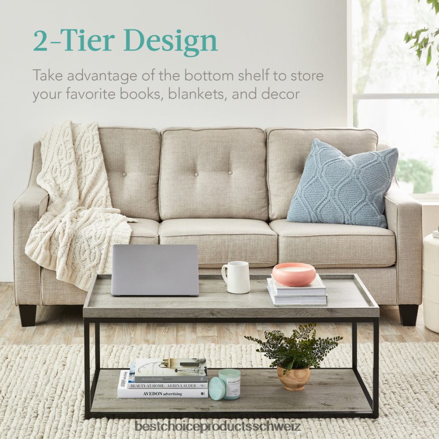 Best Choice Products 2-stufiger rechteckiger Couchtisch mit Tablettplatte, Metallrahmen und Regal grau 2JD022732