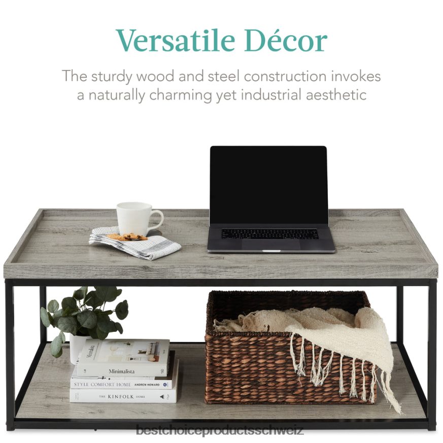 Best Choice Products 2-stufiger rechteckiger Couchtisch mit Tablettplatte, Metallrahmen und Regal grau 2JD022732