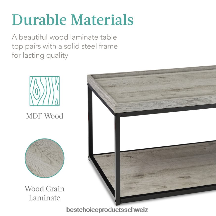 Best Choice Products 2-stufiger rechteckiger Couchtisch mit Tablettplatte, Metallrahmen und Regal grau 2JD022732