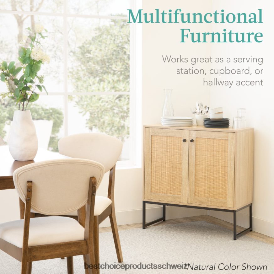 Best Choice Products 2-türiger Rattan-Aufbewahrungsschrank als Akzentmöbel für das Wohnzimmer mit Fußpolstern Schwarz 2JD0221180