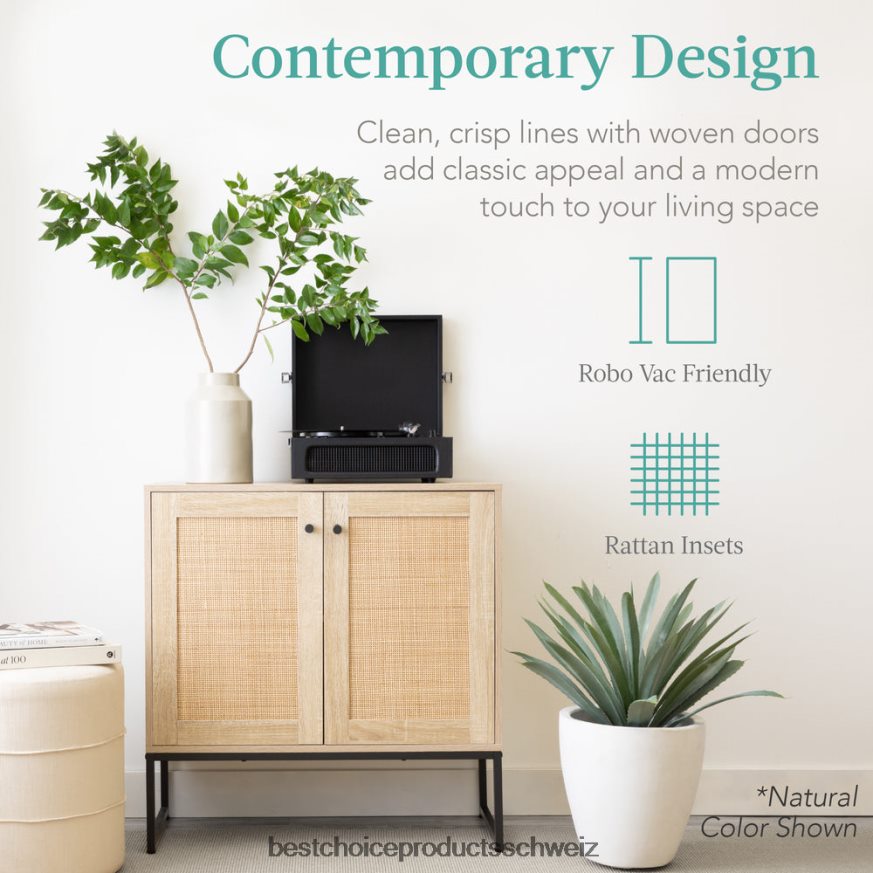 Best Choice Products 2-türiger Rattan-Aufbewahrungsschrank als Akzentmöbel für das Wohnzimmer mit Fußpolstern natürlich 2JD0221179