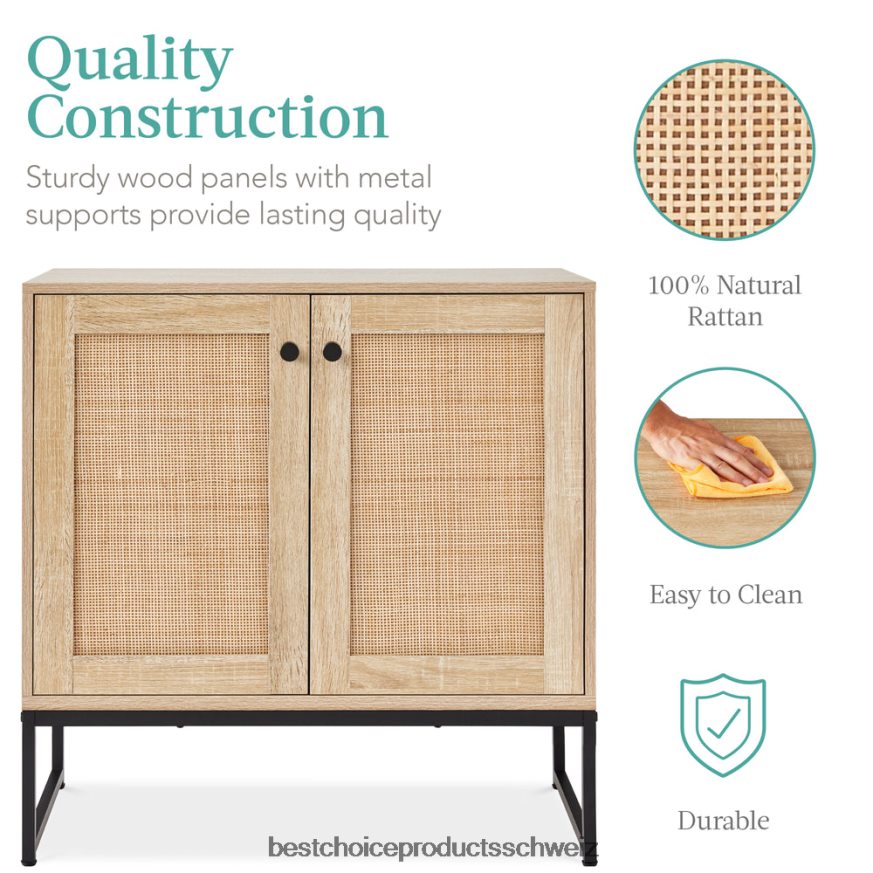 Best Choice Products 2-türiger Rattan-Aufbewahrungsschrank als Akzentmöbel für das Wohnzimmer mit Fußpolstern natürlich 2JD0221179