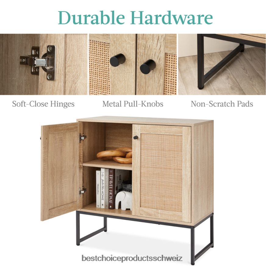 Best Choice Products 2-türiger Rattan-Aufbewahrungsschrank als Akzentmöbel für das Wohnzimmer mit Fußpolstern natürlich 2JD0221179