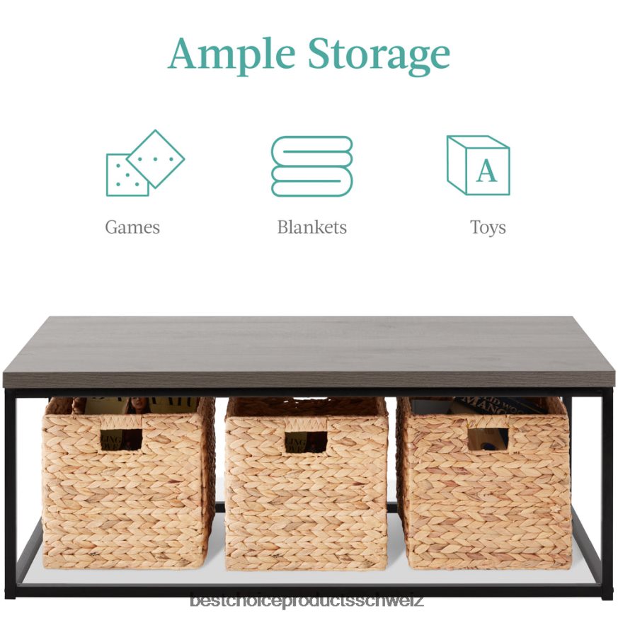 Best Choice Products 44 Zoll großer, moderner, industrieller, rechteckiger Couchtisch mit Holzmaserung und Metallrahmen grau 2JD022722