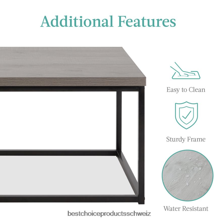 Best Choice Products 44 Zoll großer, moderner, industrieller, rechteckiger Couchtisch mit Holzmaserung und Metallrahmen grau 2JD022722