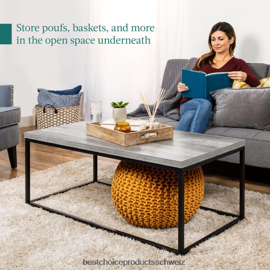 Best Choice Products 44 Zoll großer, moderner, industrieller, rechteckiger Couchtisch mit Holzmaserung und Metallrahmen grau 2JD022722