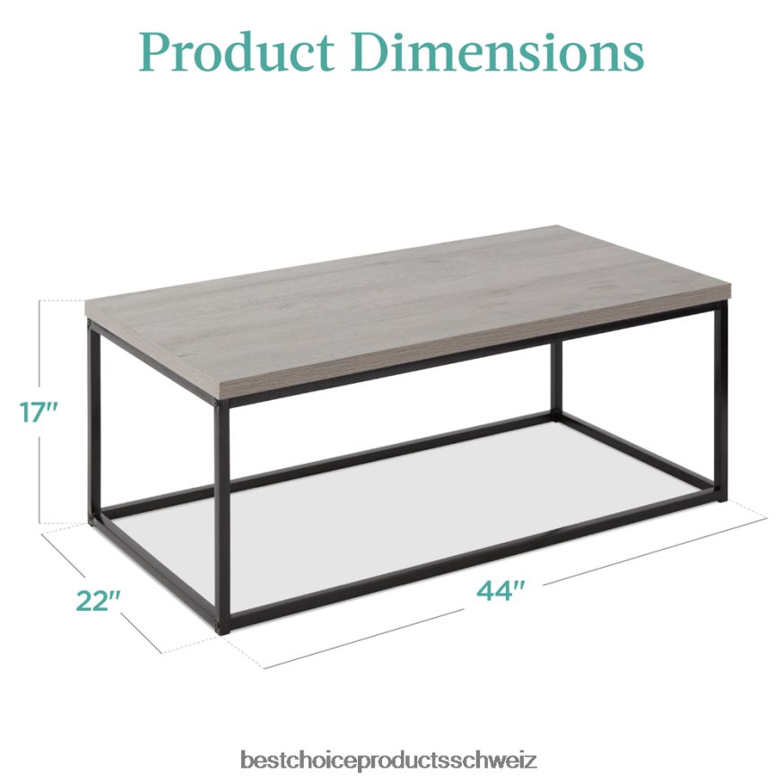 Best Choice Products 44 Zoll großer, moderner, industrieller, rechteckiger Couchtisch mit Holzmaserung und Metallrahmen grau 2JD022722