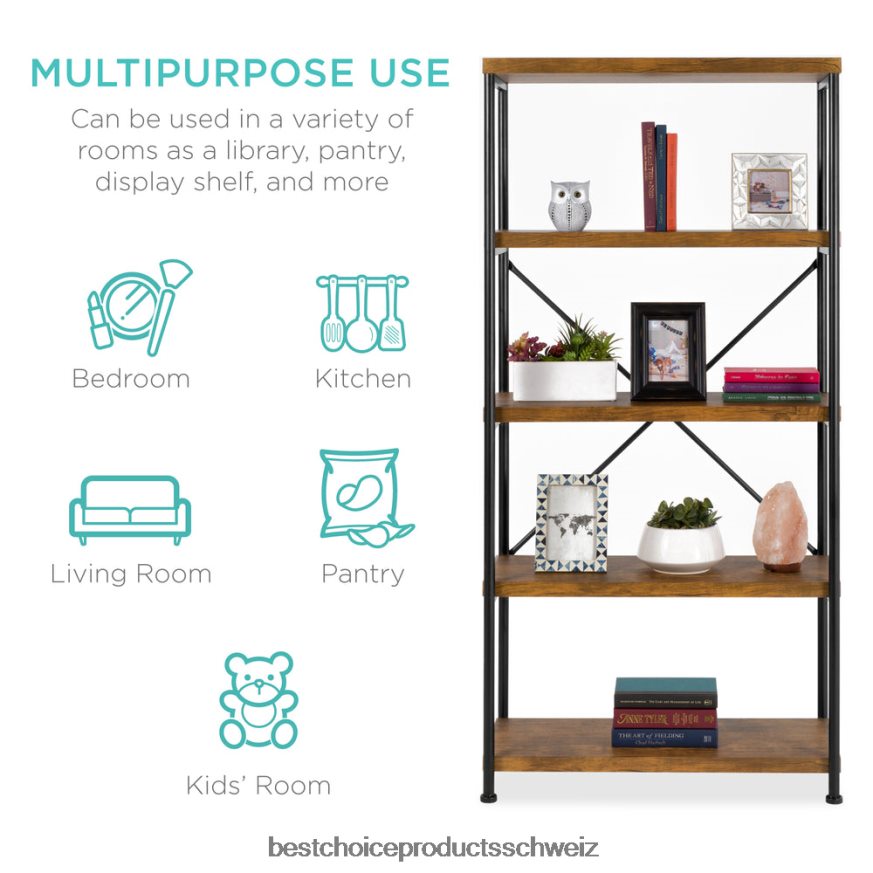 Best Choice Products 5-stufiges Industrie-Bücherregal mit Metallrahmen und Holzregalen braun 2JD022691