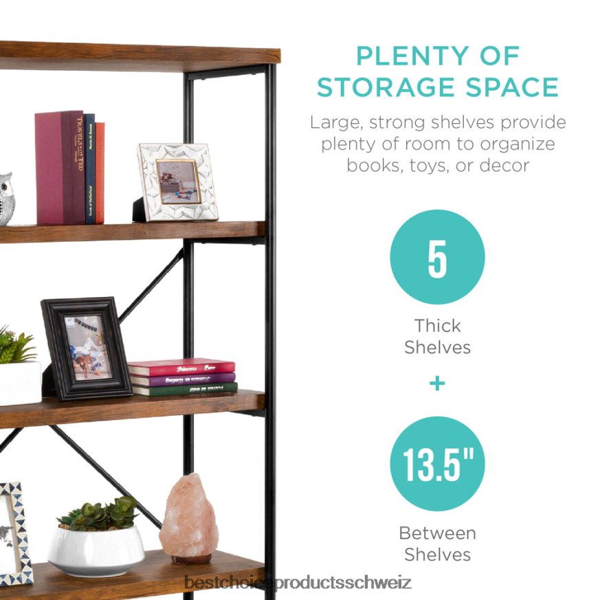 Best Choice Products 5-stufiges Industrie-Bücherregal mit Metallrahmen und Holzregalen braun 2JD022691