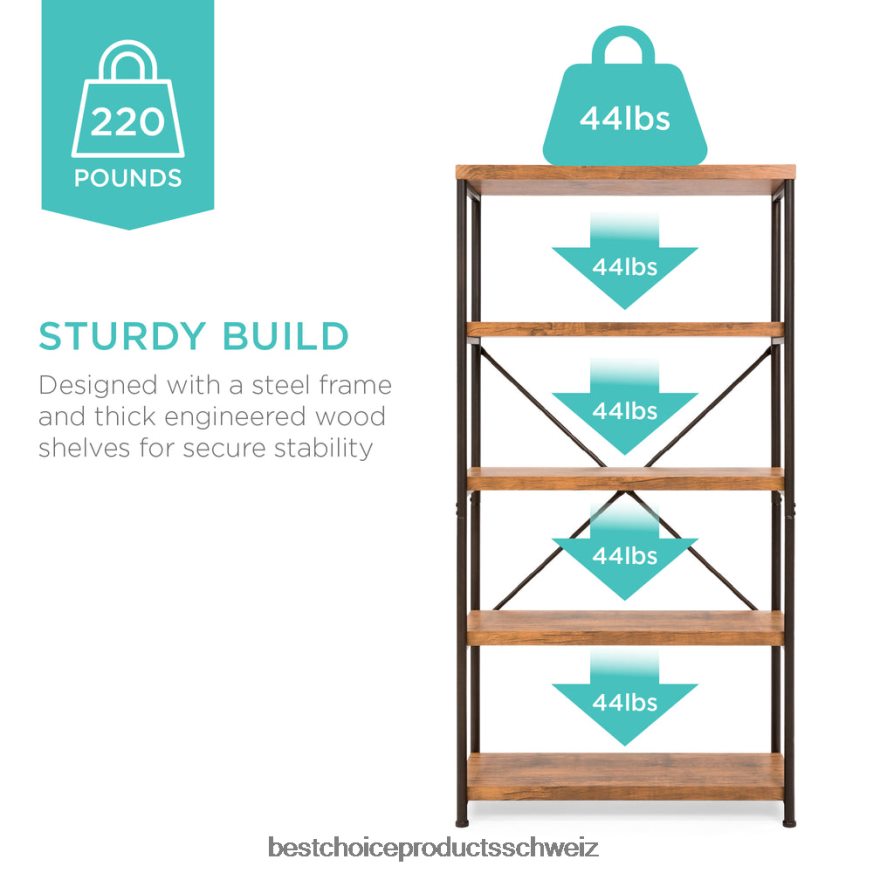 Best Choice Products 5-stufiges Industrie-Bücherregal mit Metallrahmen und Holzregalen braun 2JD022691