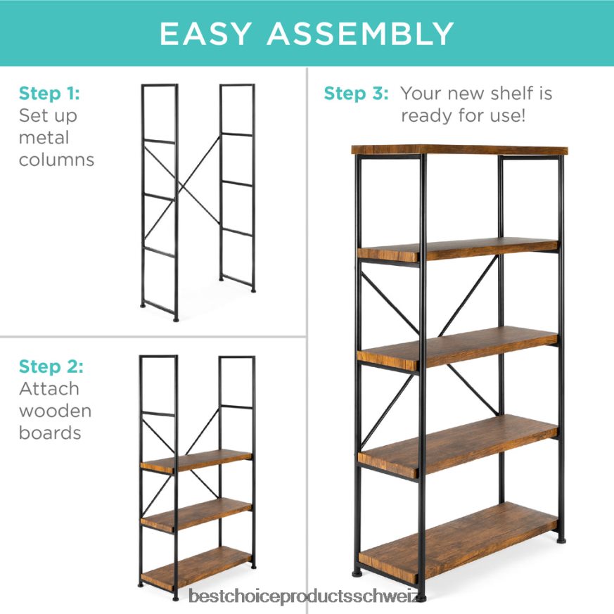 Best Choice Products 5-stufiges Industrie-Bücherregal mit Metallrahmen und Holzregalen braun 2JD022691