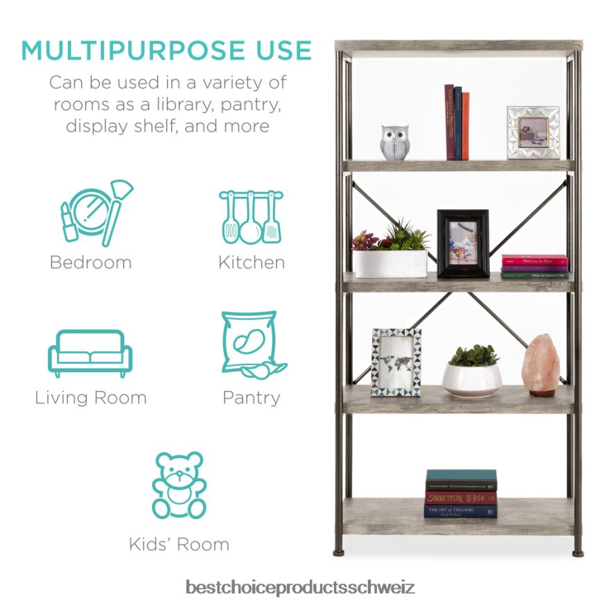 Best Choice Products 5-stufiges Industrie-Bücherregal mit Metallrahmen und Holzregalen grau 2JD022690