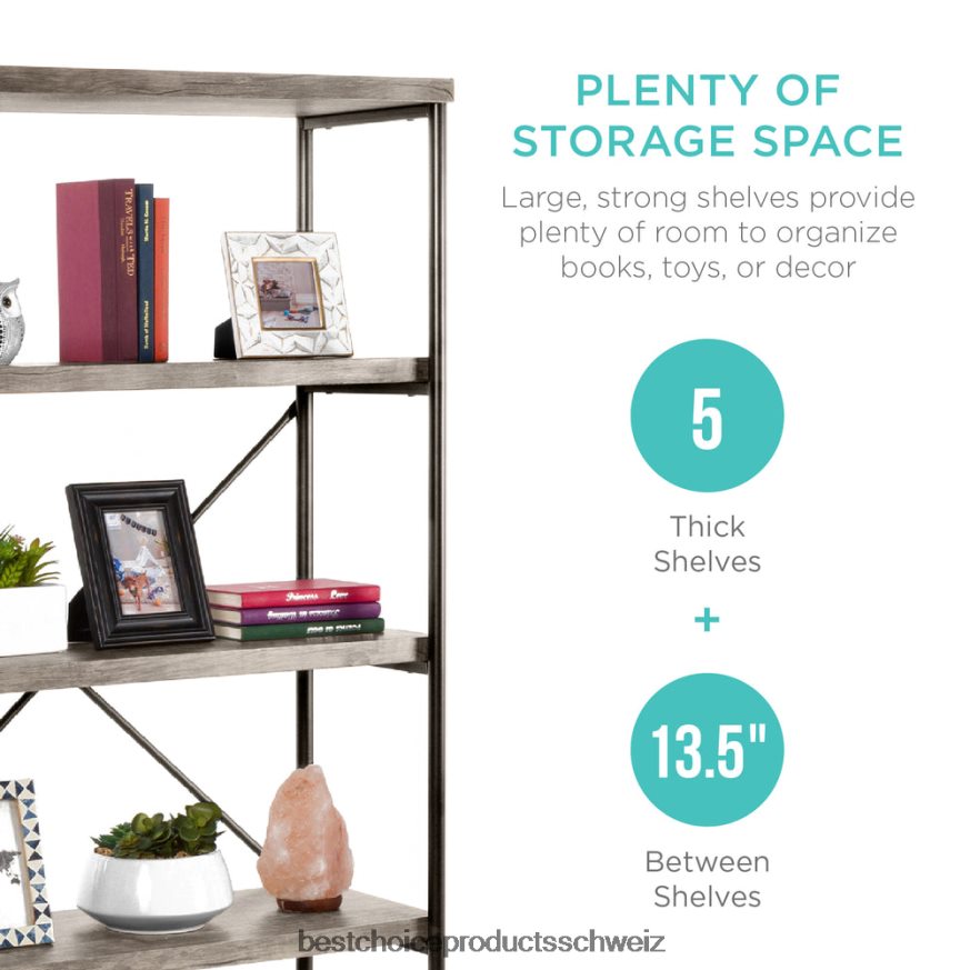 Best Choice Products 5-stufiges Industrie-Bücherregal mit Metallrahmen und Holzregalen grau 2JD022690