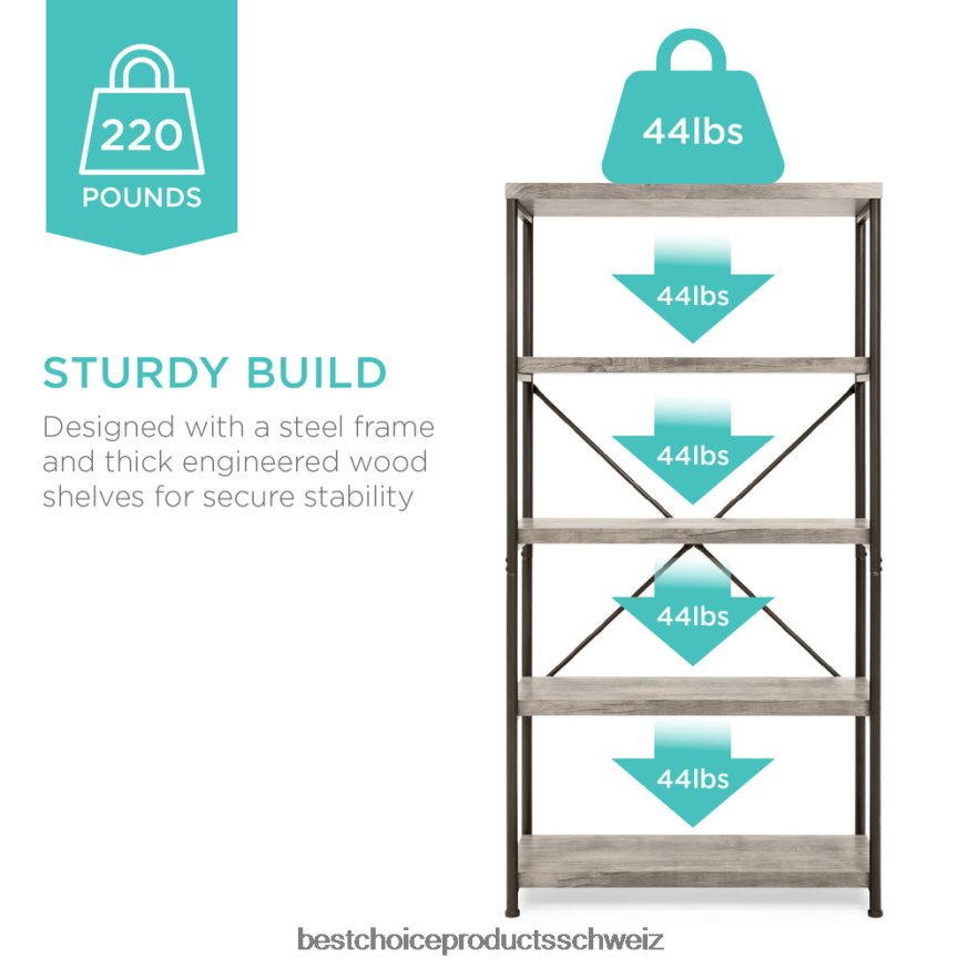 Best Choice Products 5-stufiges Industrie-Bücherregal mit Metallrahmen und Holzregalen grau 2JD022690