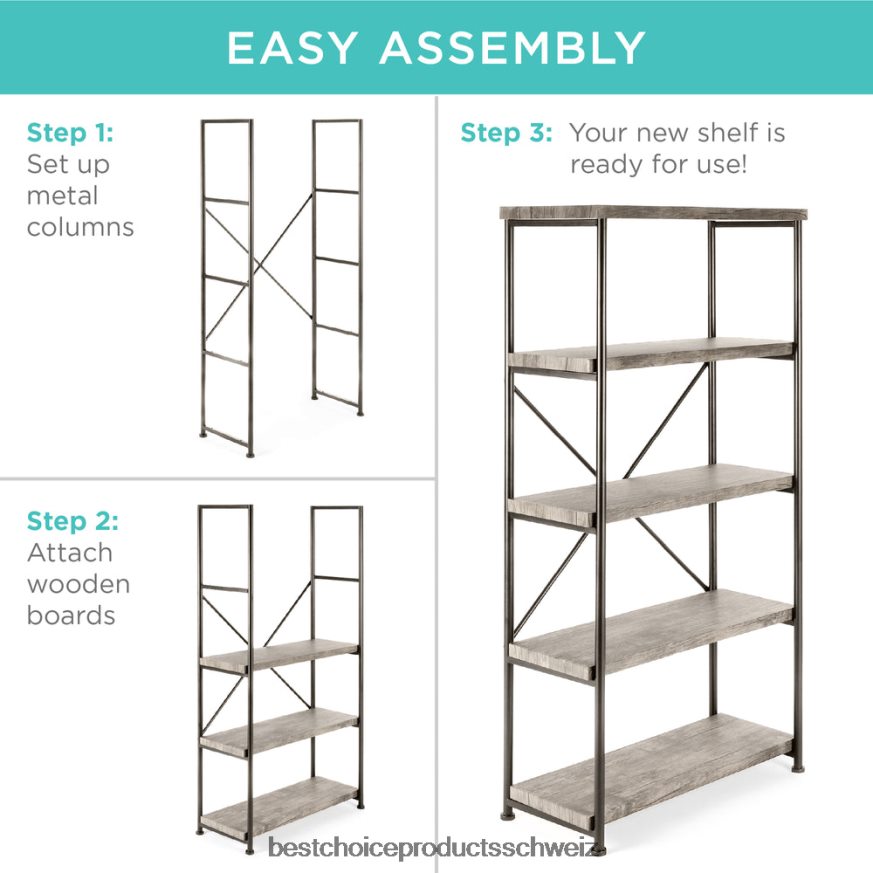 Best Choice Products 5-stufiges Industrie-Bücherregal mit Metallrahmen und Holzregalen grau 2JD022690