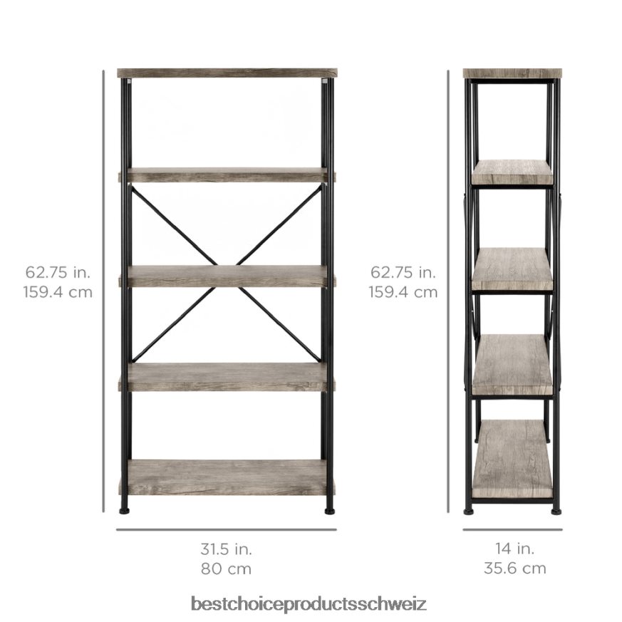 Best Choice Products 5-stufiges Industrie-Bücherregal mit Metallrahmen und Holzregalen grau 2JD022690