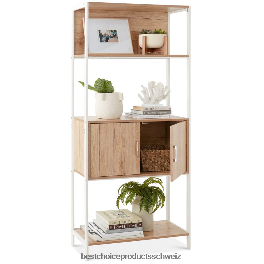 Best Choice Products Aufbewahrungs-Bücherregal für Wohnzimmer, Gehweg mit Schrank, erhöhtes Design helle Eiche 2JD022386