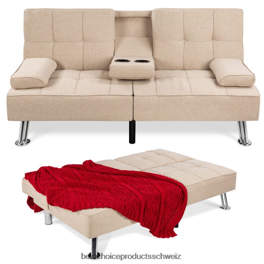 Best Choice Products Ausziehbares Futon-Schlafsofa mit Leinenpolsterung und 2 Getränkehaltern Beige 2JD022610