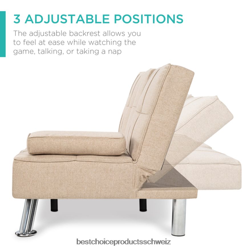 Best Choice Products Ausziehbares Futon-Schlafsofa mit Leinenpolsterung und 2 Getränkehaltern Beige 2JD022610