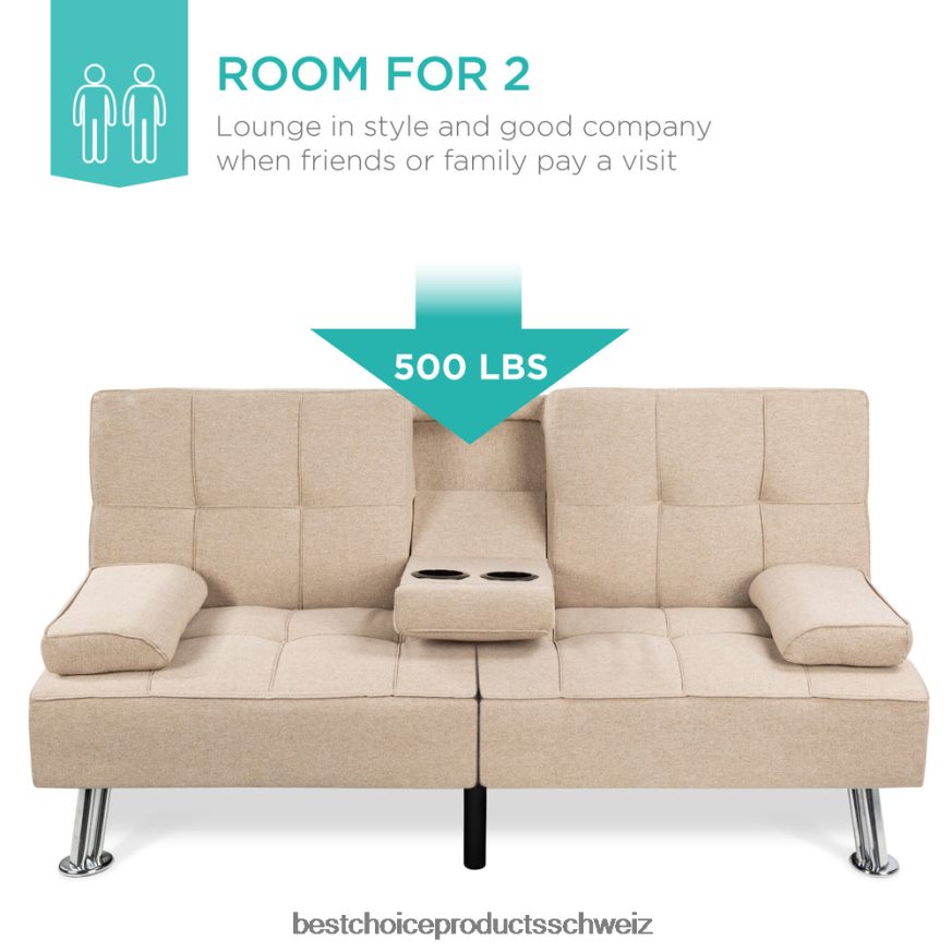 Best Choice Products Ausziehbares Futon-Schlafsofa mit Leinenpolsterung und 2 Getränkehaltern Beige 2JD022610