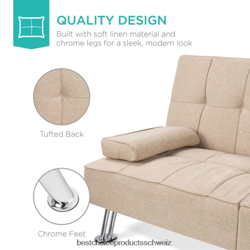 Best Choice Products Ausziehbares Futon-Schlafsofa mit Leinenpolsterung und 2 Getränkehaltern Beige 2JD022610