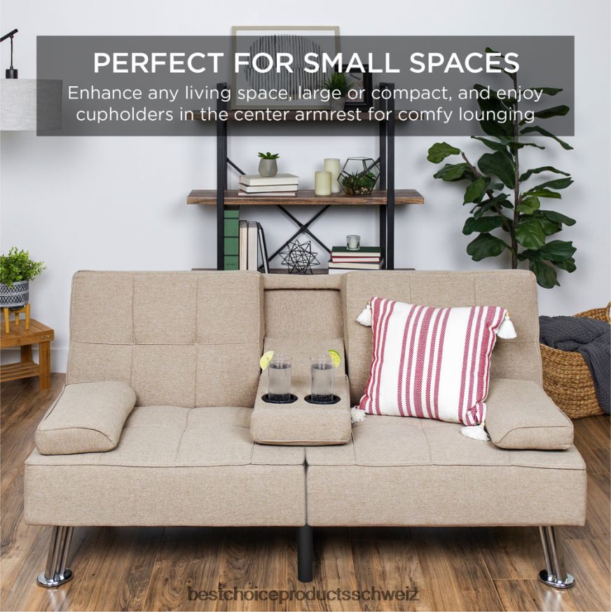 Best Choice Products Ausziehbares Futon-Schlafsofa mit Leinenpolsterung und 2 Getränkehaltern Beige 2JD022610