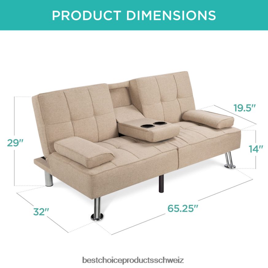 Best Choice Products Ausziehbares Futon-Schlafsofa mit Leinenpolsterung und 2 Getränkehaltern Beige 2JD022610