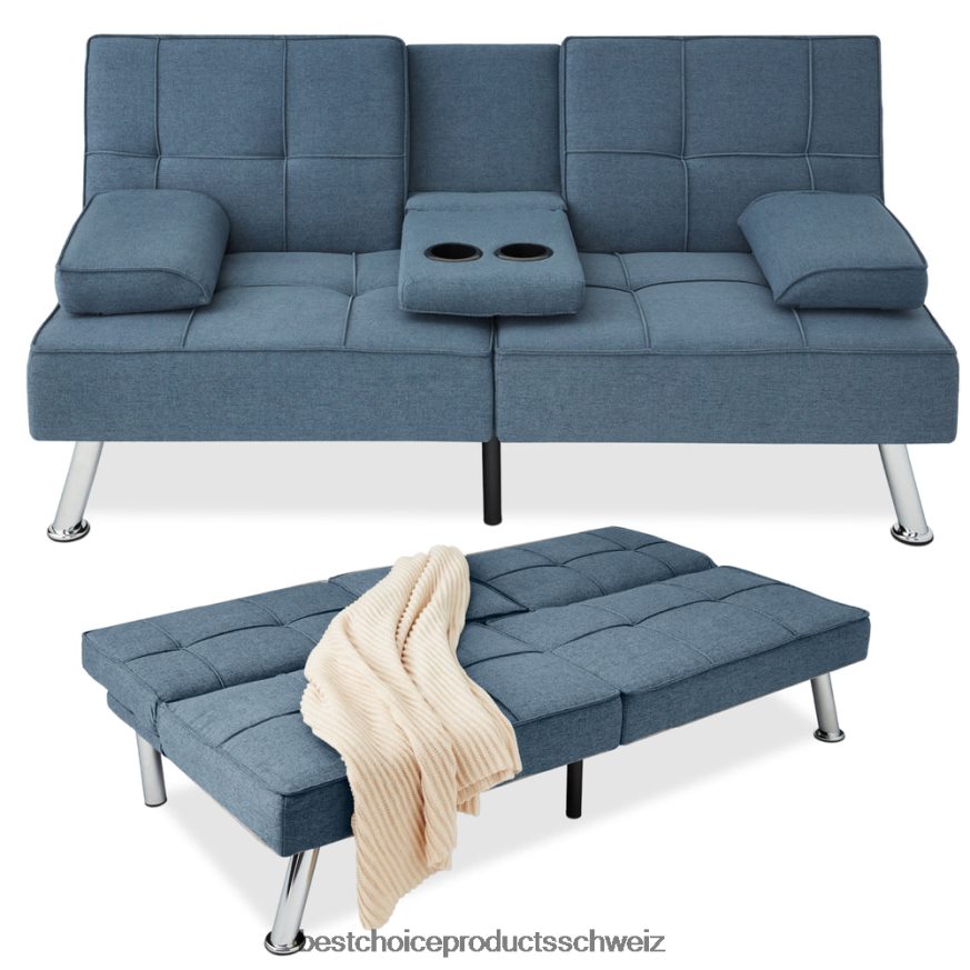 Best Choice Products Ausziehbares Futon-Schlafsofa mit Leinenpolsterung und 2 Getränkehaltern Blau 2JD022613