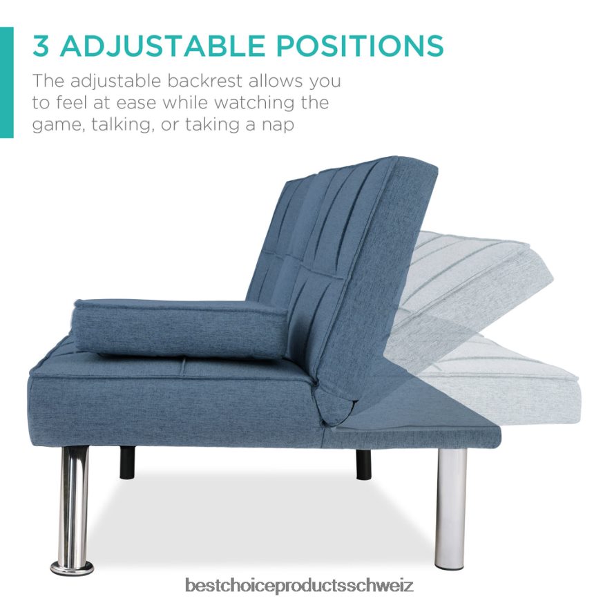 Best Choice Products Ausziehbares Futon-Schlafsofa mit Leinenpolsterung und 2 Getränkehaltern Blau 2JD022613