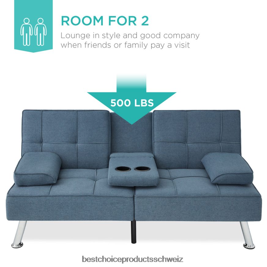 Best Choice Products Ausziehbares Futon-Schlafsofa mit Leinenpolsterung und 2 Getränkehaltern Blau 2JD022613